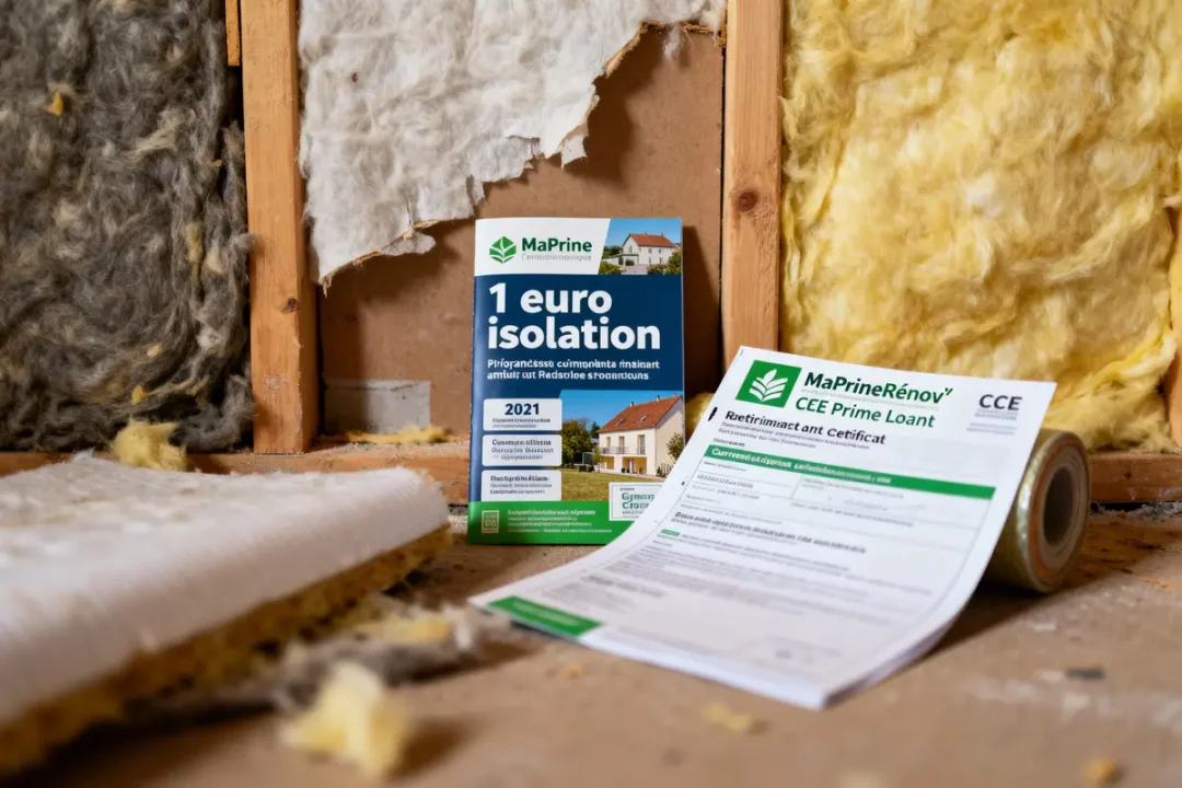 Matériaux d'isolation dans grenier, brochures "1 euro isolation", documents "MaPrimeRénov'", rouleaux laine de verre.