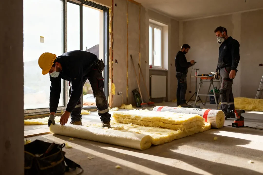 Chantier de rénovation intérieure avec isolation murale, outils et téléphone. Fenêtre ouverte, vêtements de travail et échelle visibles.