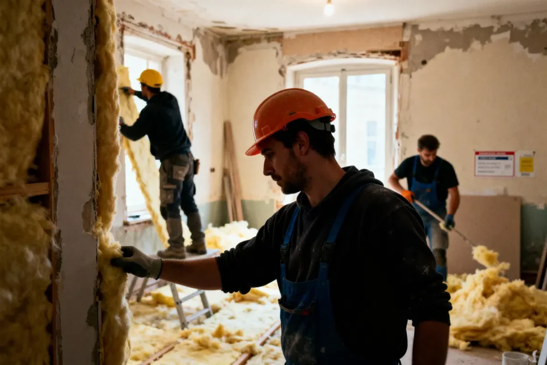 Travailleurs utilisant de la laine minérale pour l'isolation d'un mur intérieur dans un chantier de rénovation.