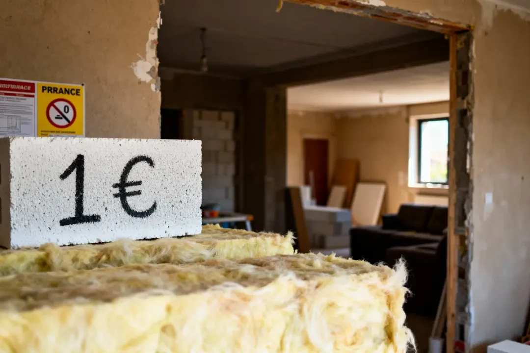 Bloc béton marqué "1€" posé sur isolant dans un intérieur en rénovation avec fenêtres et meubles visibles.
