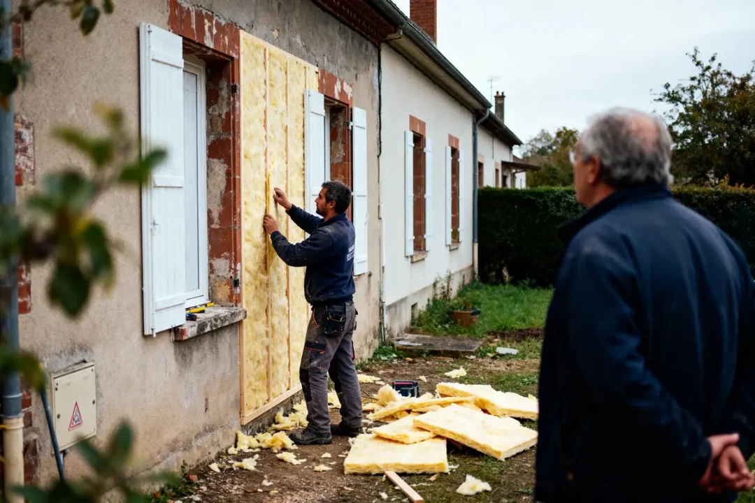 Homme installant des panneaux d'isolation sur un mur extérieur de maison, observé par une autre personne.