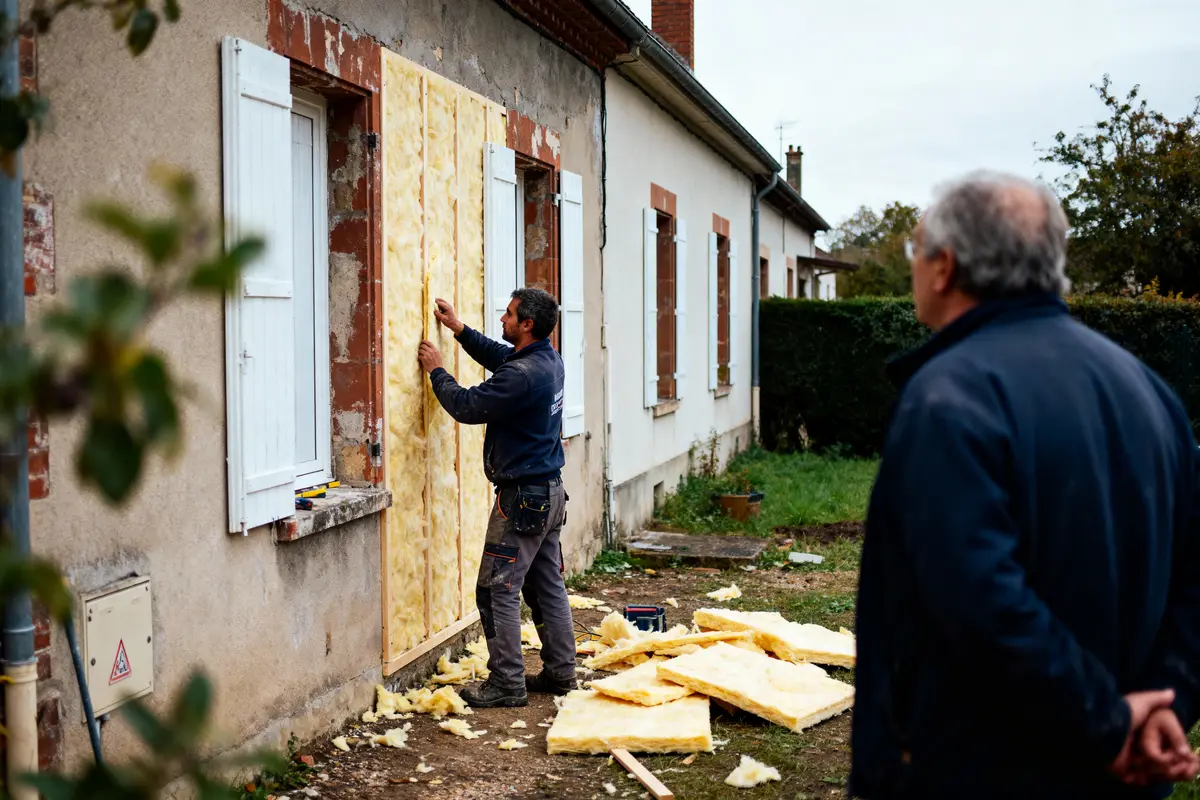 Homme installant des panneaux d'isolation sur un mur extérieur de maison, observé par une autre personne.