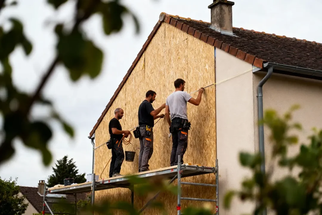Homme en train de rénover un mur, photographié avec un smartphone dans une pièce en travaux.