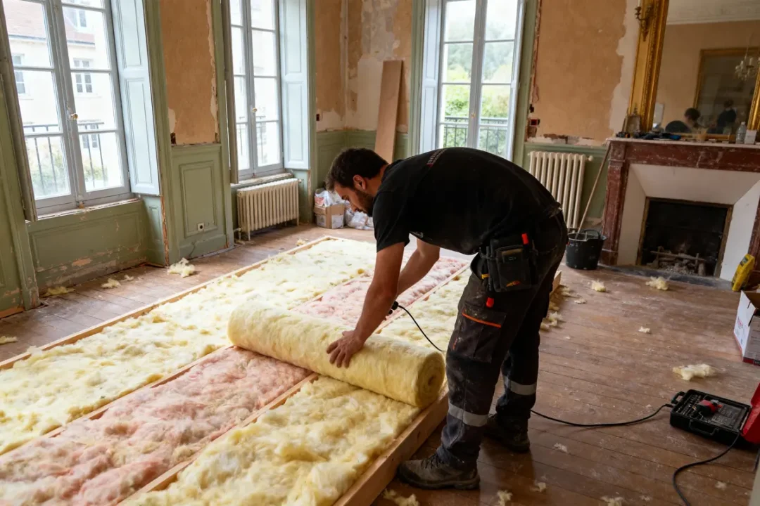Homme posant de l'isolant en rouleau sur un sol en bois dans une pièce en rénovation avec cheminée.