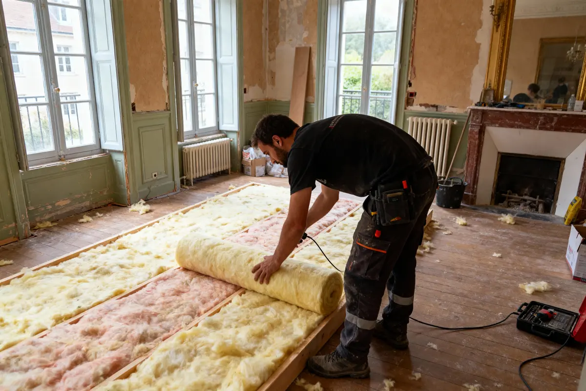 Homme posant de l'isolant en rouleau sur un sol en bois dans une pièce en rénovation avec cheminée.