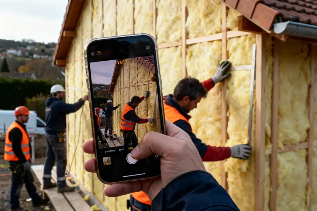 Des ouvriers posent de l'isolation sur une maison, photo capturée avec un smartphone à l'avant-plan.