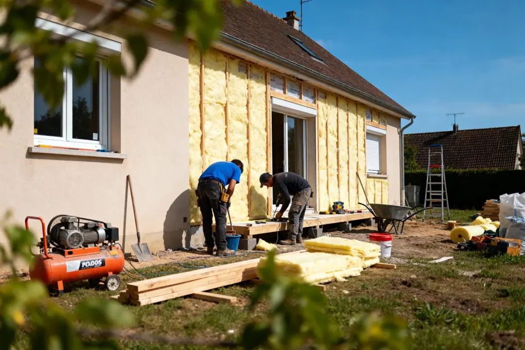 Deux personnes isolent une maison avec de la laine jaune, entourées de matériel et outils de chantier.