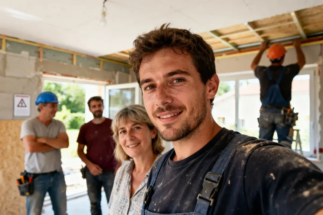 Un groupe de travailleurs souriants dans un bâtiment en construction, portant des vêtements de chantier.