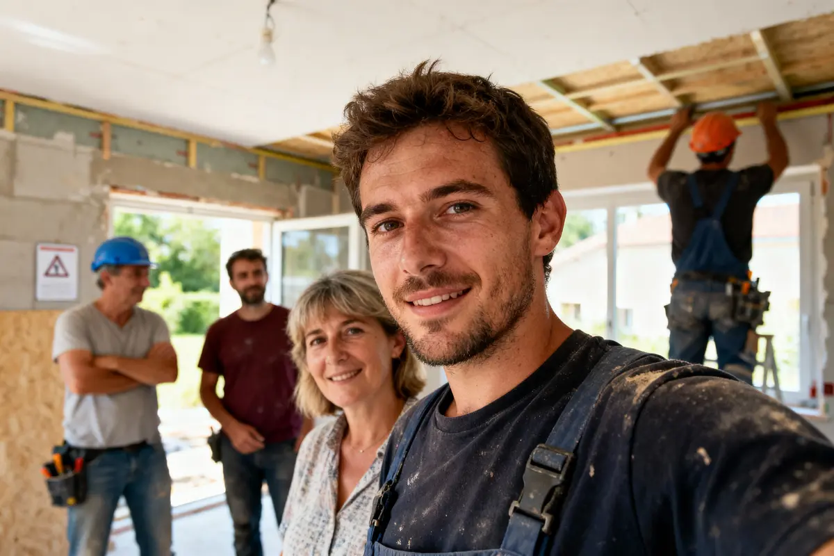 Un groupe de travailleurs souriants dans un bâtiment en construction, portant des vêtements de chantier.