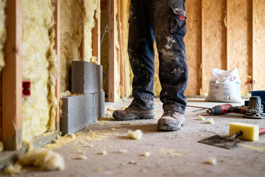 Ouvrier en construction, bottes poussiéreuses, murs bois, parpaings, isolation jaune, outils au sol, intérieur chantier.
