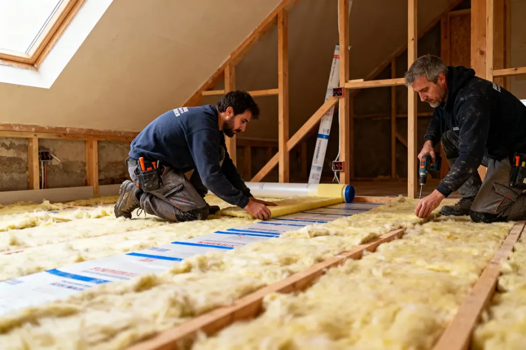 Deux hommes installent de l'isolation dans un grenier en rénovation avec des outils électriques et rouleaux de matériau.