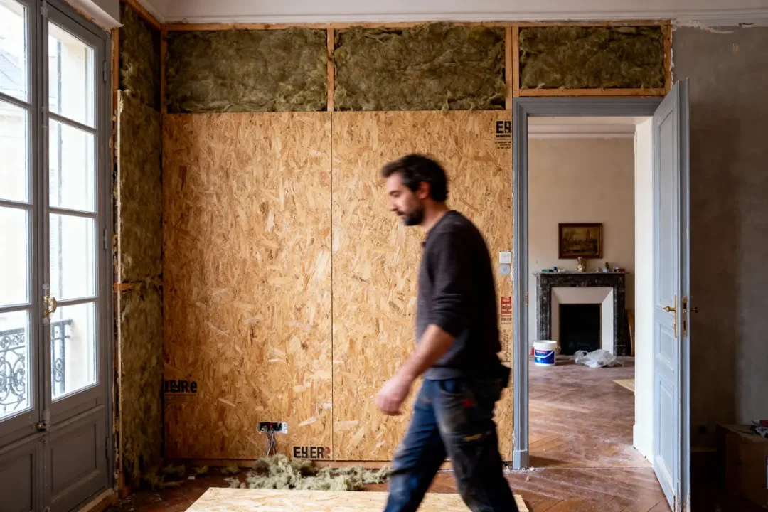 Homme marchant dans une pièce en rénovation avec panneaux de bois et isolation exposée sur les murs.