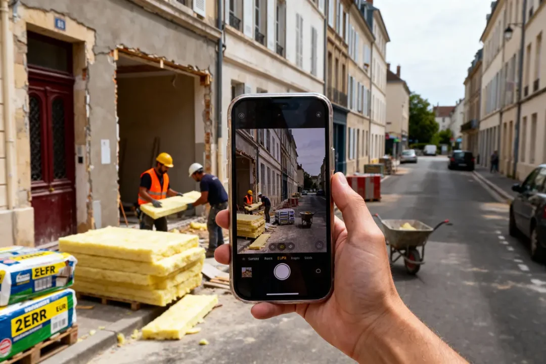 Main tenant smartphone, capturant scène ouvriers travaillant sur des matériaux d'isolation dans une rue urbaine.