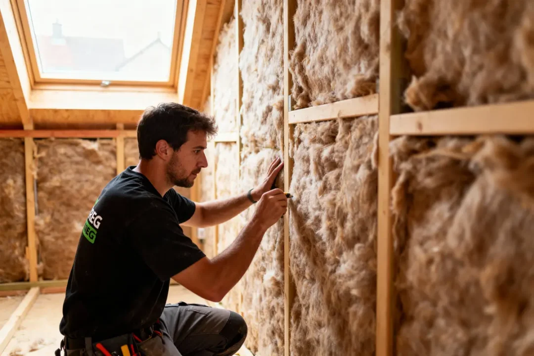 Homme installant de l'isolant en laine sous un toit avec fenêtre. Travaux d’isolation écologique.