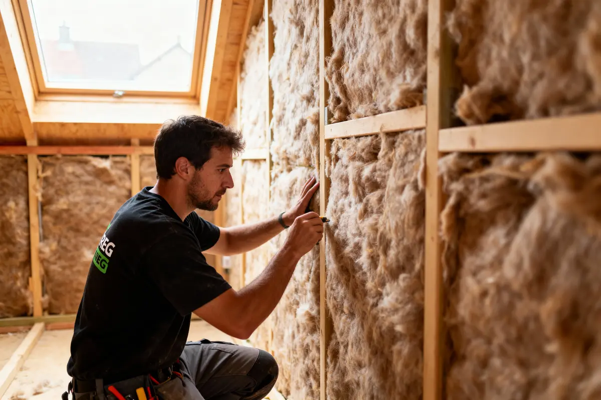 Homme installant de l'isolant en laine sous un toit avec fenêtre. Travaux d’isolation écologique.