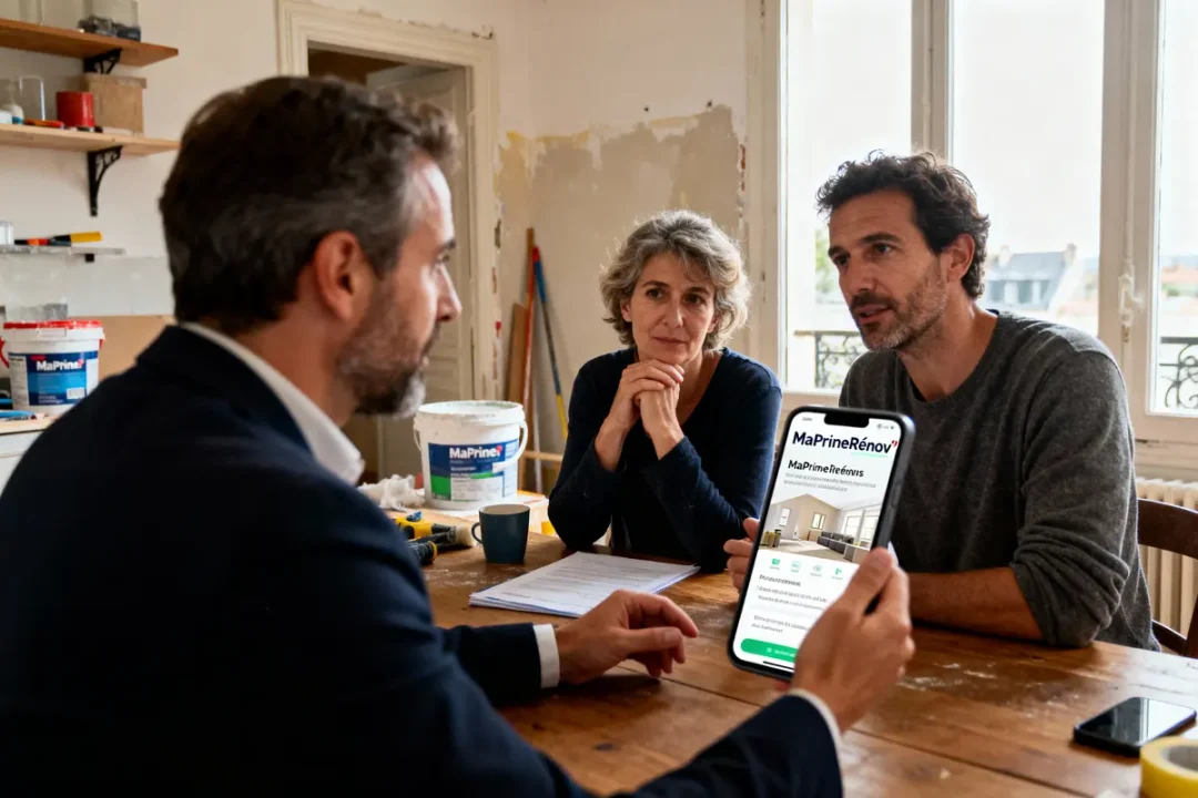 Trois personnes discutent rénovation, application MaPrimeRénov' visible sur téléphone, pots de peinture en arrière-plan.