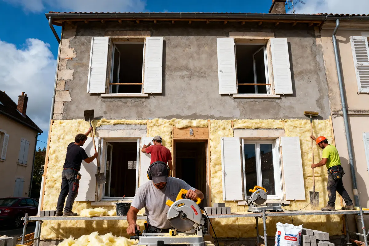 Travailleurs rénovant une façade de maison, utilisant de l'isolation et des outils de construction sur échafaudage.