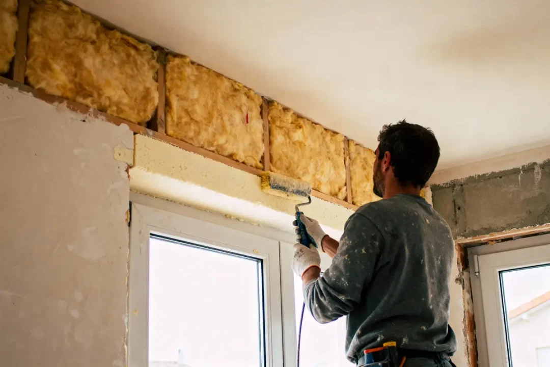 Homme peignant un mur intérieur avec un rouleau, près de fenêtres et d'isolant mural exposé.
