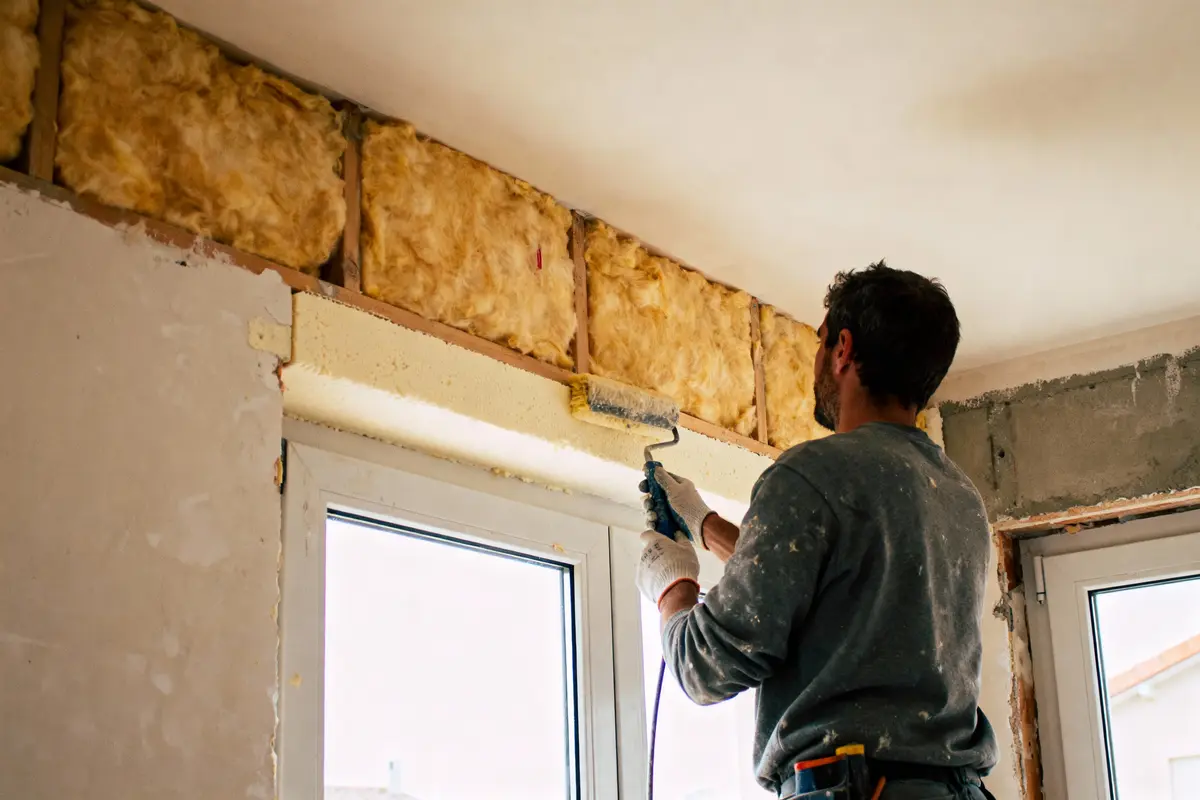 Homme peignant un mur intérieur avec un rouleau, près de fenêtres et d'isolant mural exposé.