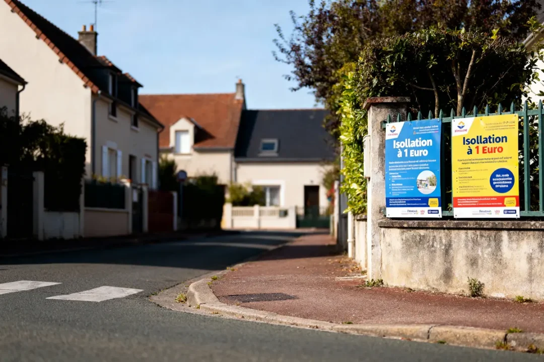 Rue résidentielle, panneaux publicitaires colorés pour isolation à bas prix, maisons avec toits en tuiles, ciel dégagé.