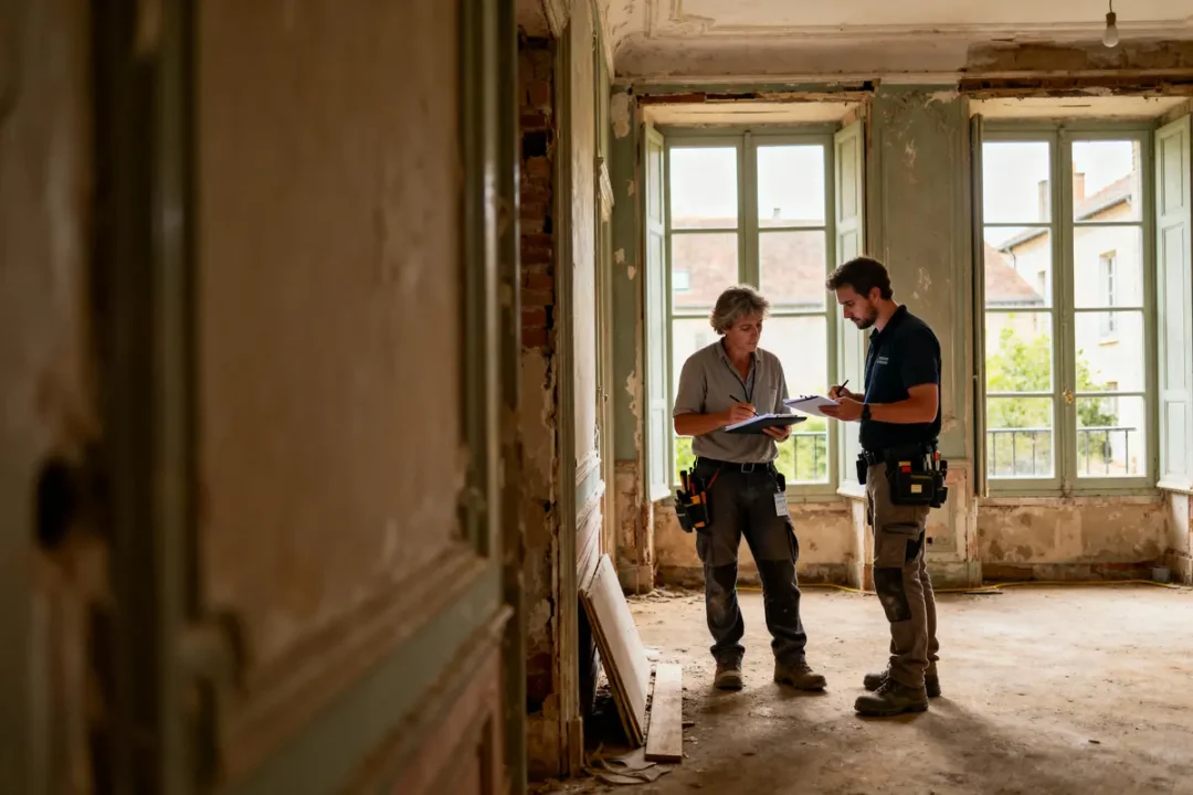 Deux personnes discutant, prenant des notes dans une vieille pièce en rénovation avec fenêtres anciennes et murs abîmés.