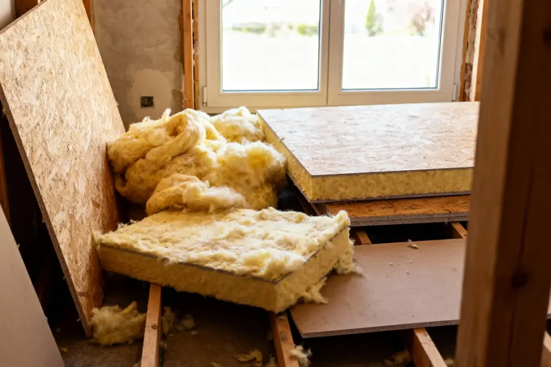 Isolation en laine de verre posée au sol, près d'une fenêtre, dans une pièce en rénovation.