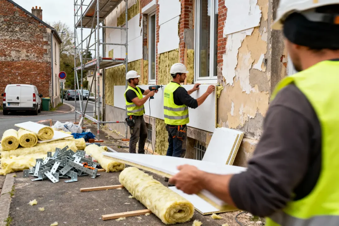 Ouvriers installant l'isolation sur une façade en briques, avec échafaudage, matériaux et outils à proximité.