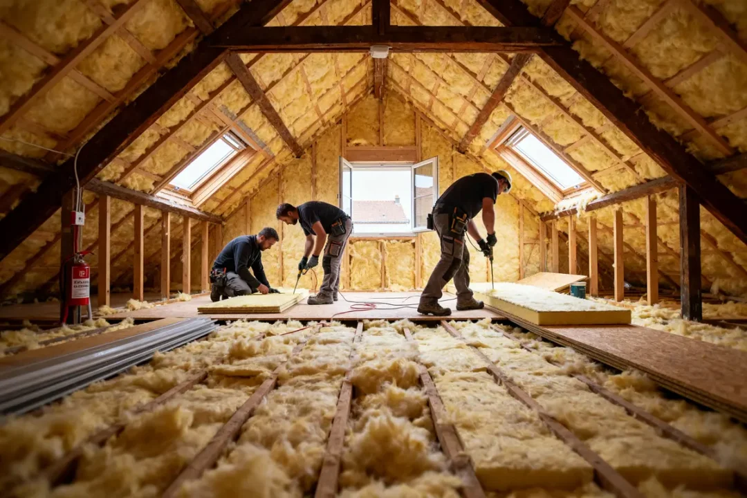 Trois ouvriers posent de l'isolation dans un grenier avec lucarnes et poutres en bois visibles.