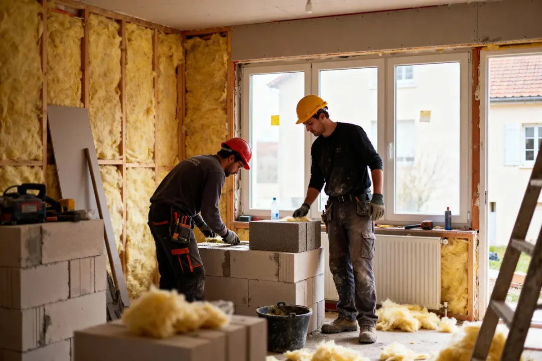 Deux ouvriers en construction, portant des casques, montent un mur intérieur en parpaings et laine isolante.