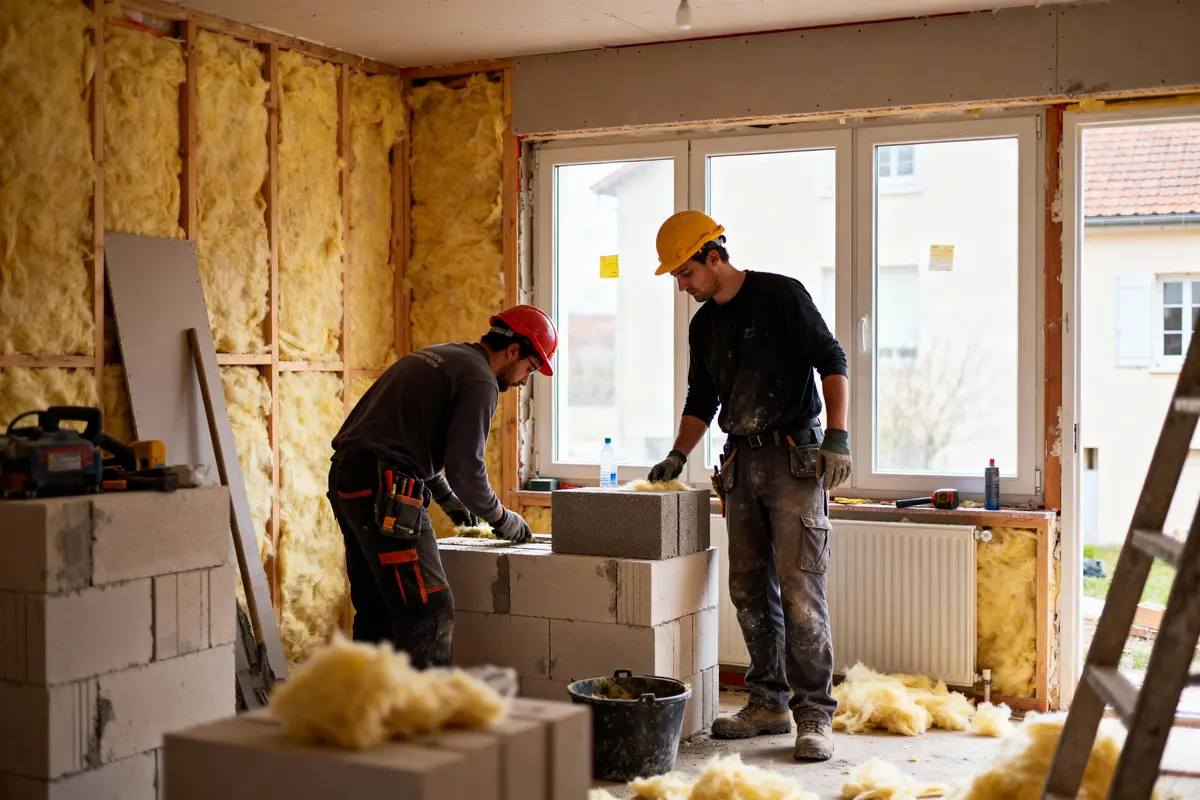 Deux ouvriers en construction, portant des casques, montent un mur intérieur en parpaings et laine isolante.