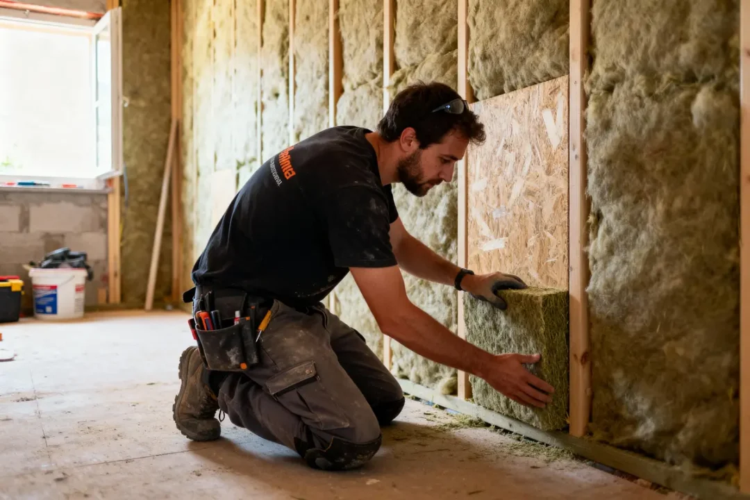 Un homme installe de l'isolation en laine dans un mur intérieur d'une maison en construction.