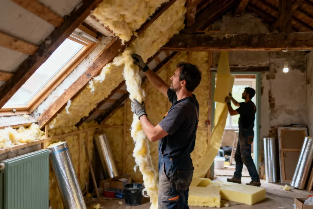 Deux hommes installent de l'isolation en laine dans un grenier en rénovation éclairé par une fenêtre de toit.