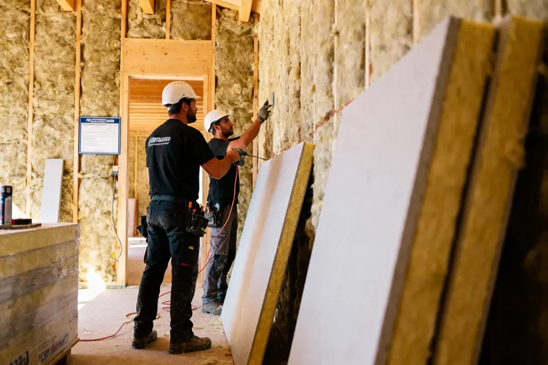 Ouvriers dans un chantier de construction, vue depuis un véhicule, isolant les murs, portant des casques et gilets.