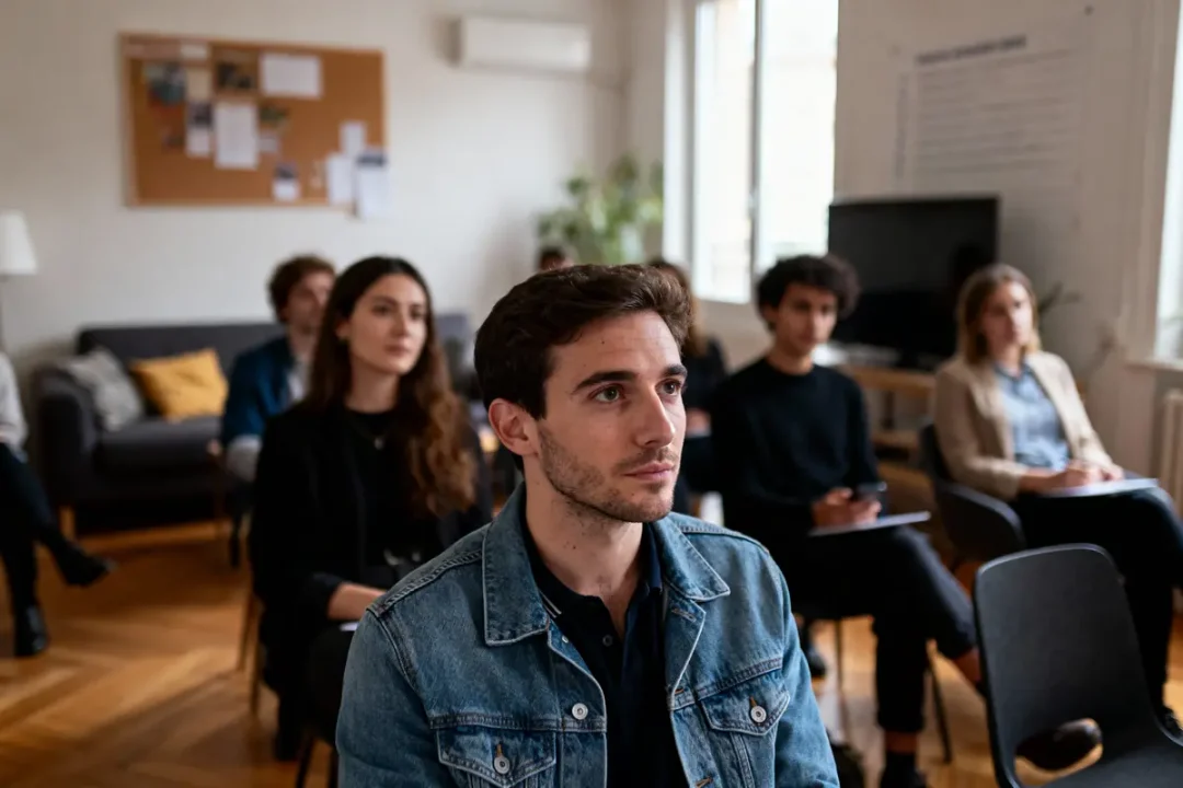Un groupe de personnes assis, attentif, dans une salle de réunion lumineuse avec parquet et tableau d'affichage.