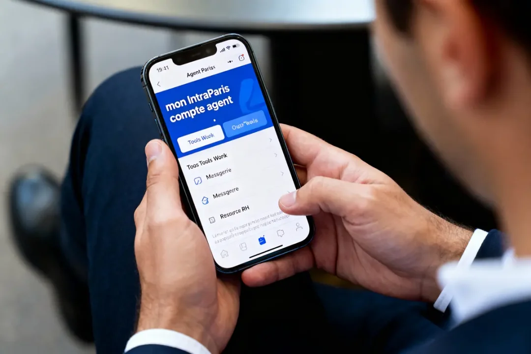 Un homme utilisant l'application "mon IntraParis compte agent" sur un smartphone.