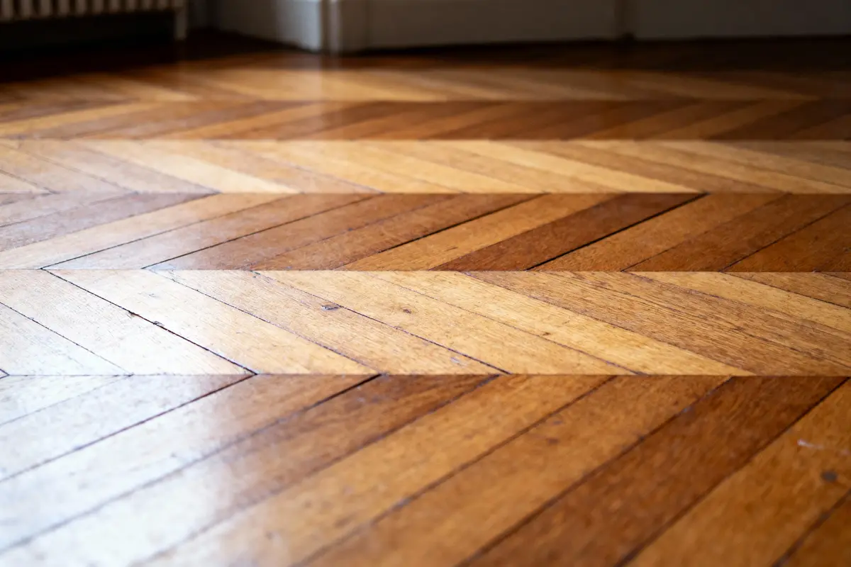 Parquet en bois avec motif chevrons, couleurs variées, lumière naturelle, intérieur, ambiance chaleureuse.