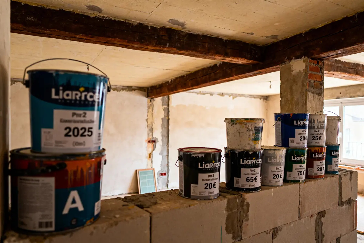 Pots de peinture sur mur inachevé dans une pièce en construction, éclairée par une fenêtre.