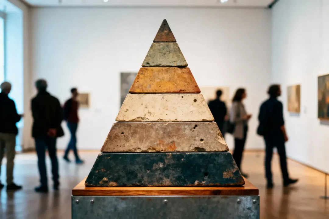 Pyramide sculptée en pierre, exposition artistique avec visiteurs en arrière-plan flou, galerie d'art moderne.