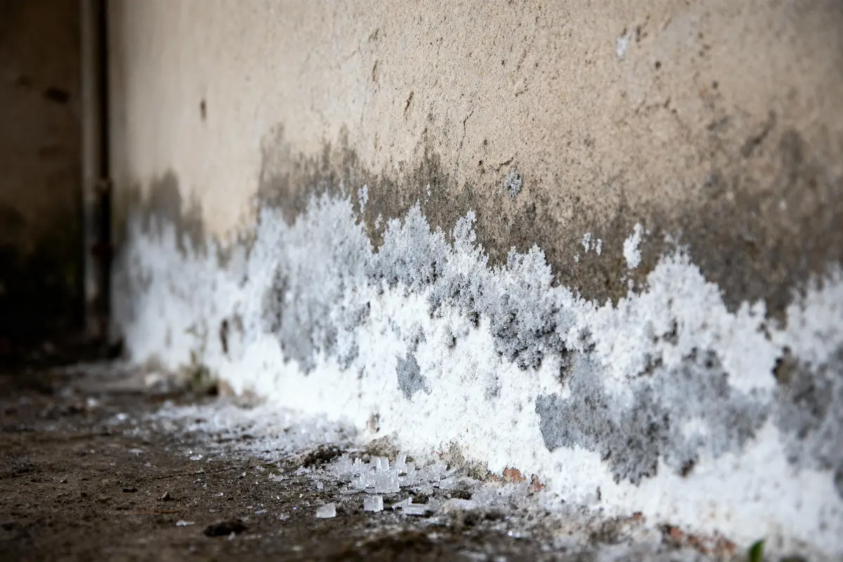 Mur avec moisissure et efflorescences blanches, indiquant des problèmes d'humidité. Sol avec débris cristallins.