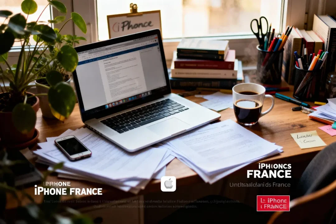 Bureau avec ordinateur portable, tasses de café, plantes, livres et fournitures de papeterie sur table en bois.