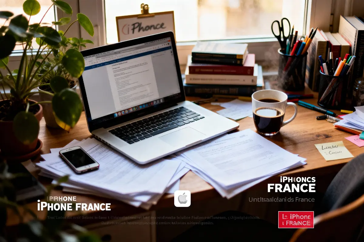 Bureau avec ordinateur portable, tasses de café, plantes, livres et fournitures de papeterie sur table en bois.