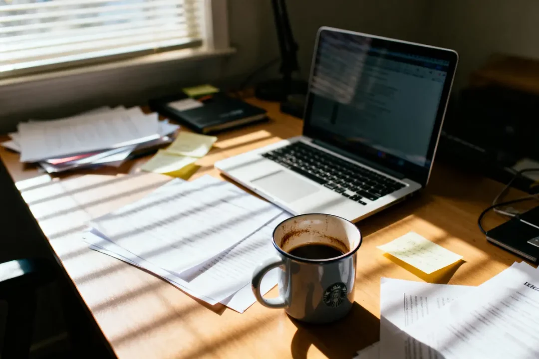 Bureau ensoleillé avec ordinateur portable, tasse de café, papiers et post-it. Ambiance de travail studieuse.