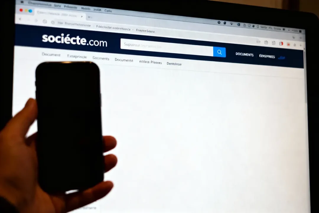 Personne tenant un smartphone devant un écran d'ordinateur affichant le site societe.com.