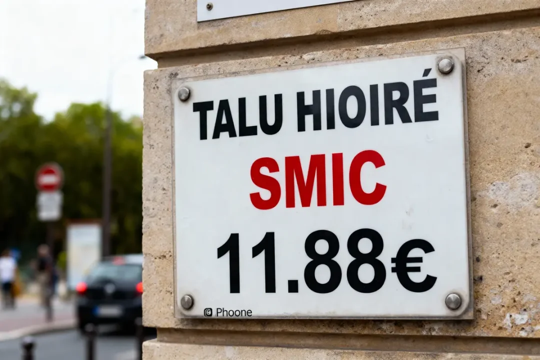 Panneau humoristique, texte inversé, affichant SMIC à 11,88€, accroché sur un mur en ville.