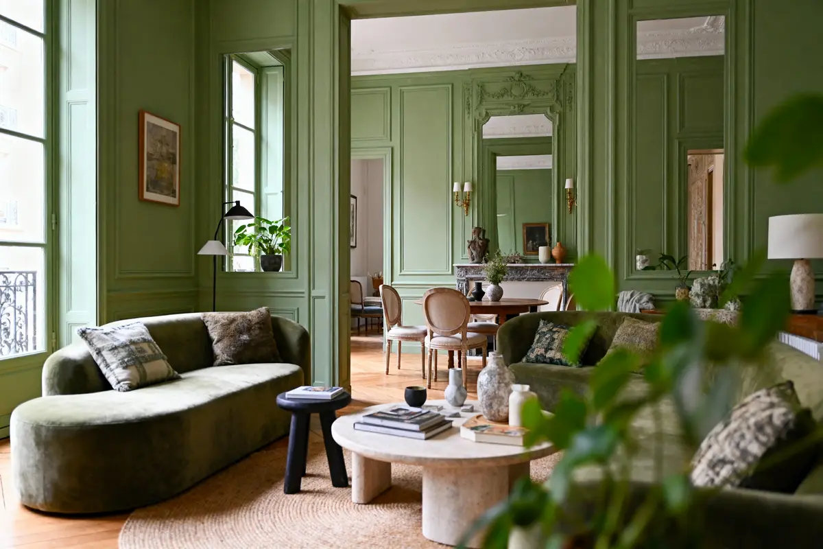 Salon élégant avec murs verts, meubles confortables, table basse, plantes, et salle à manger adjacente. Atmosphère chaleureuse.