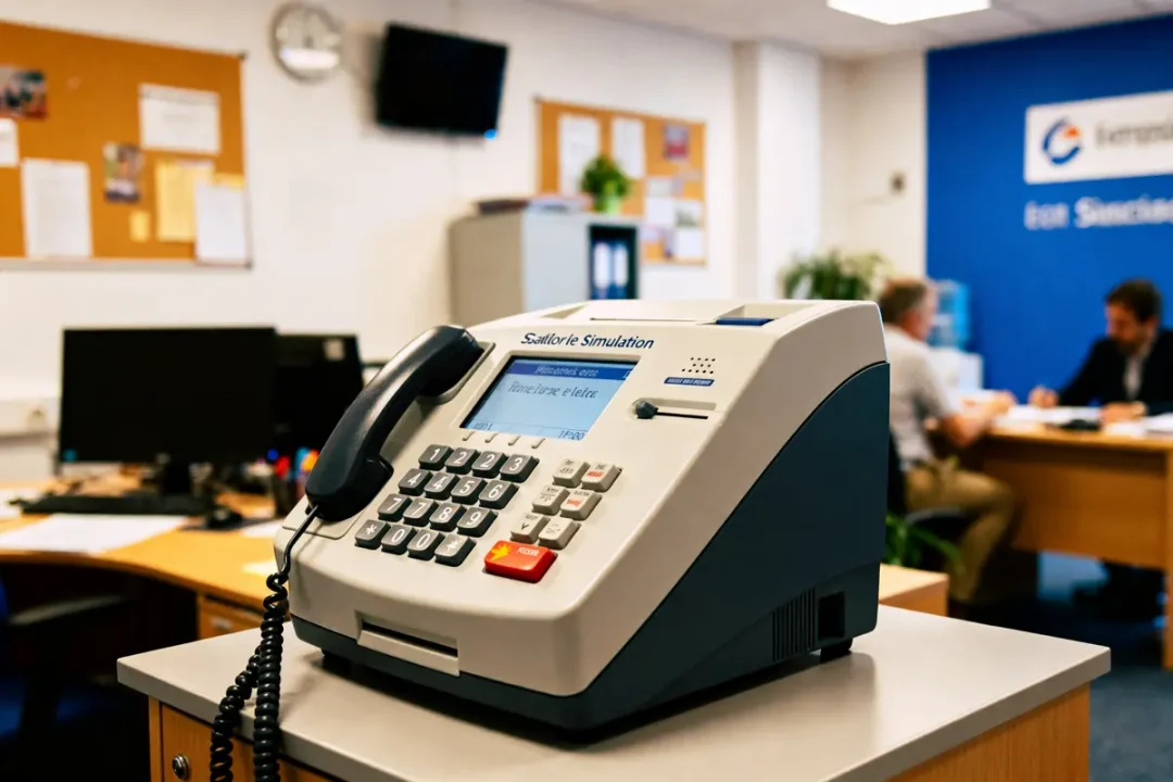 Téléphone fixe sur un bureau d'entreprise, avec des ordinateurs et des personnes en arrière-plan flou.