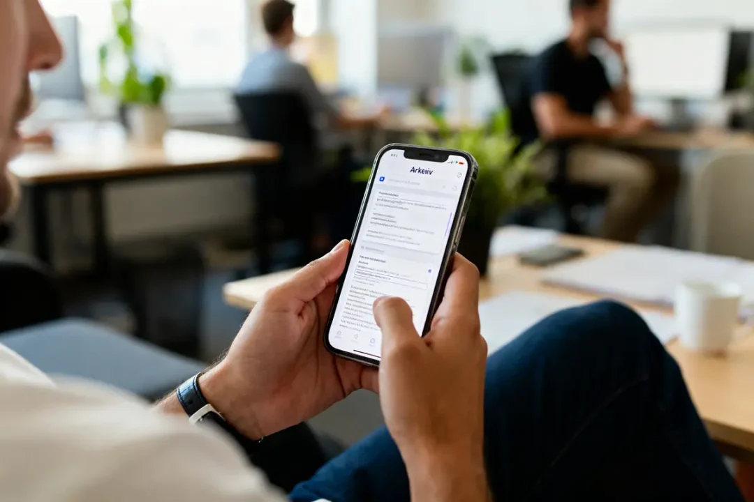 Personne tenant un smartphone dans un bureau, lisant un e-mail avec collègues en arrière-plan.