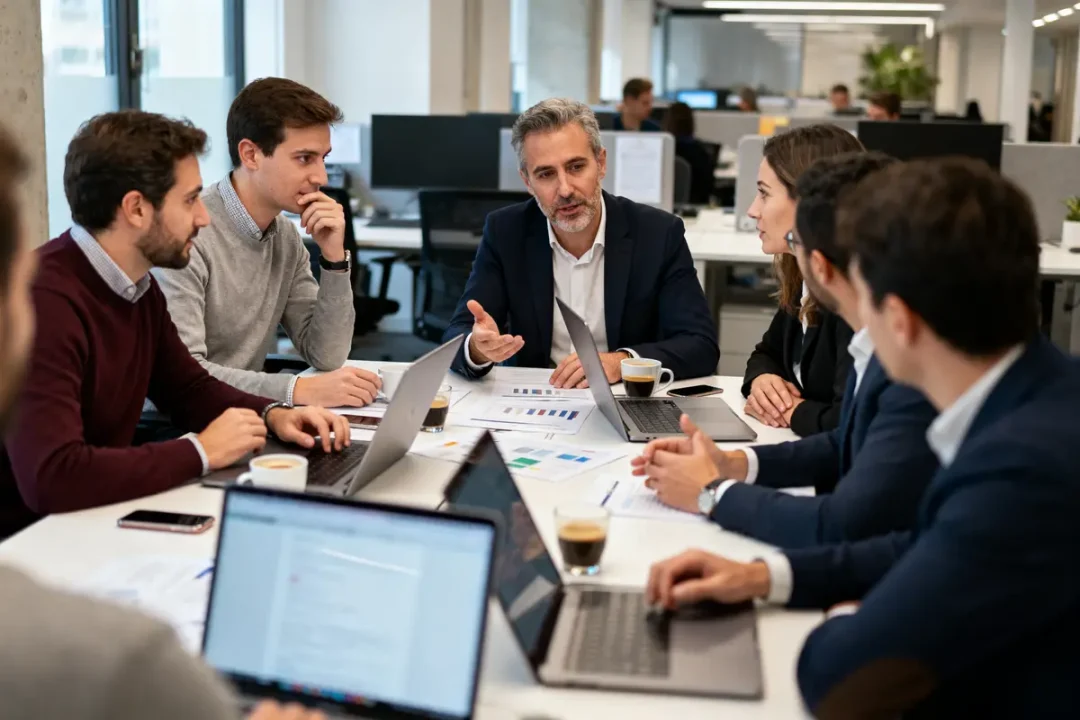 Un groupe de personnes discutant autour d'une table avec ordinateurs portables dans un bureau moderne.