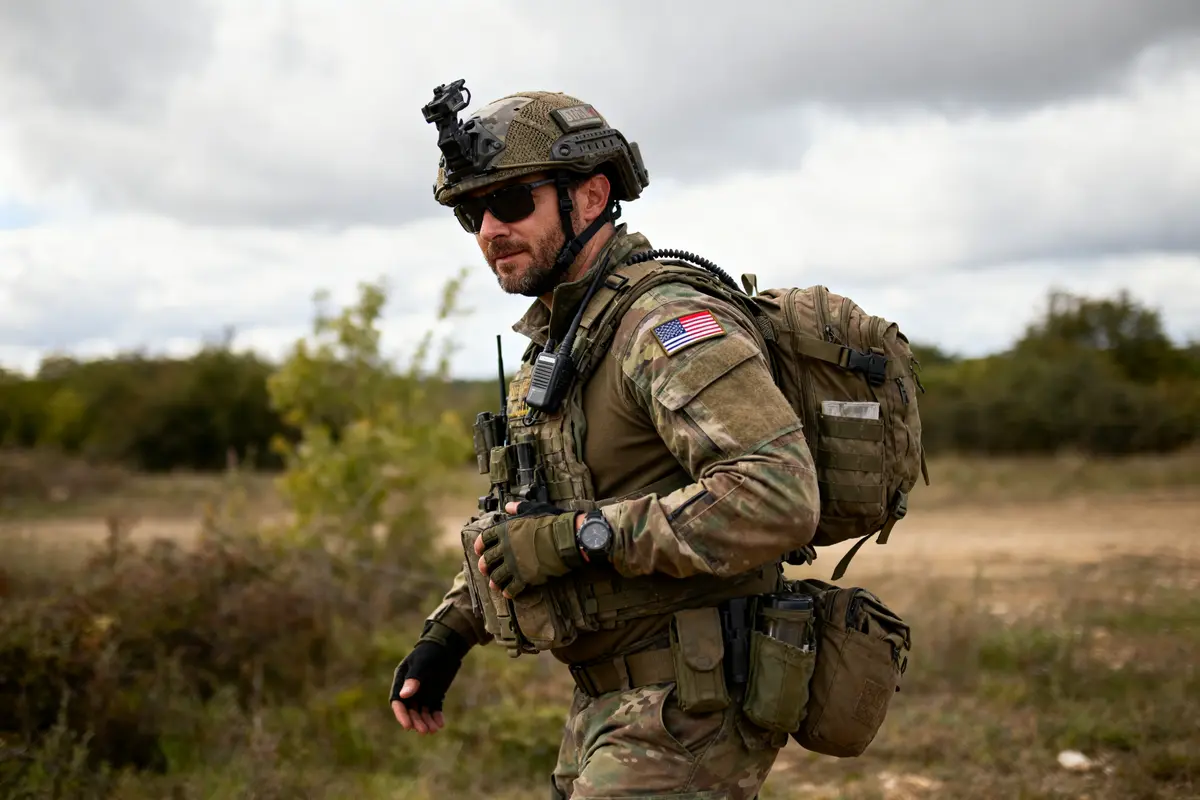 Soldat en tenue militaire complète, portant un casque et un sac à dos, en extérieur, journée nuageuse.