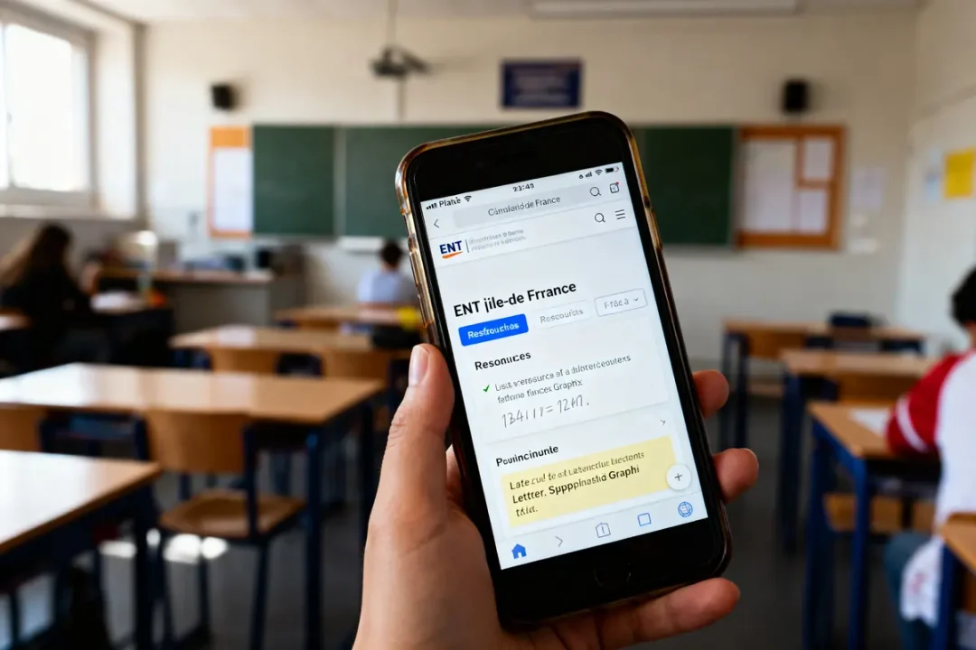 Main tenant un téléphone affichant ENT Île-de-France, salle de classe en arrière-plan floue.